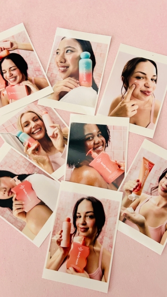 Polaroid-style collage of a woman using pink skincare bottles and packets on a pink backdrop.