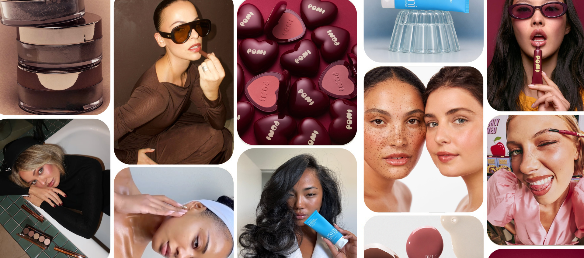 Assorted makeup jars, powders, and skincare products arranged in a rounded-corner collage.
