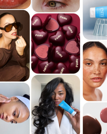 Assorted makeup jars, powders, and skincare products arranged in a rounded-corner collage.