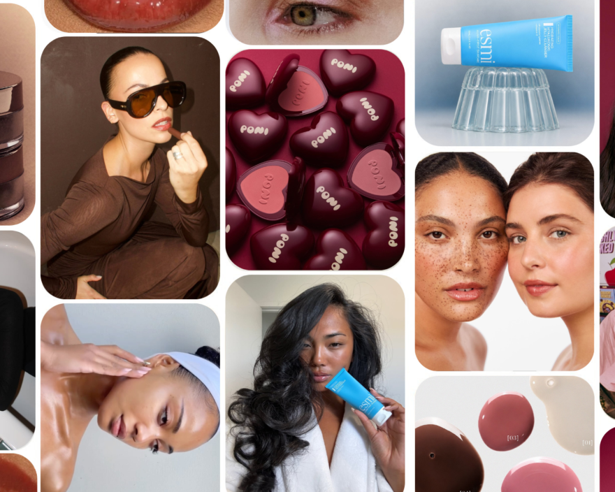Assorted makeup jars, powders, and skincare products arranged in a rounded-corner collage.